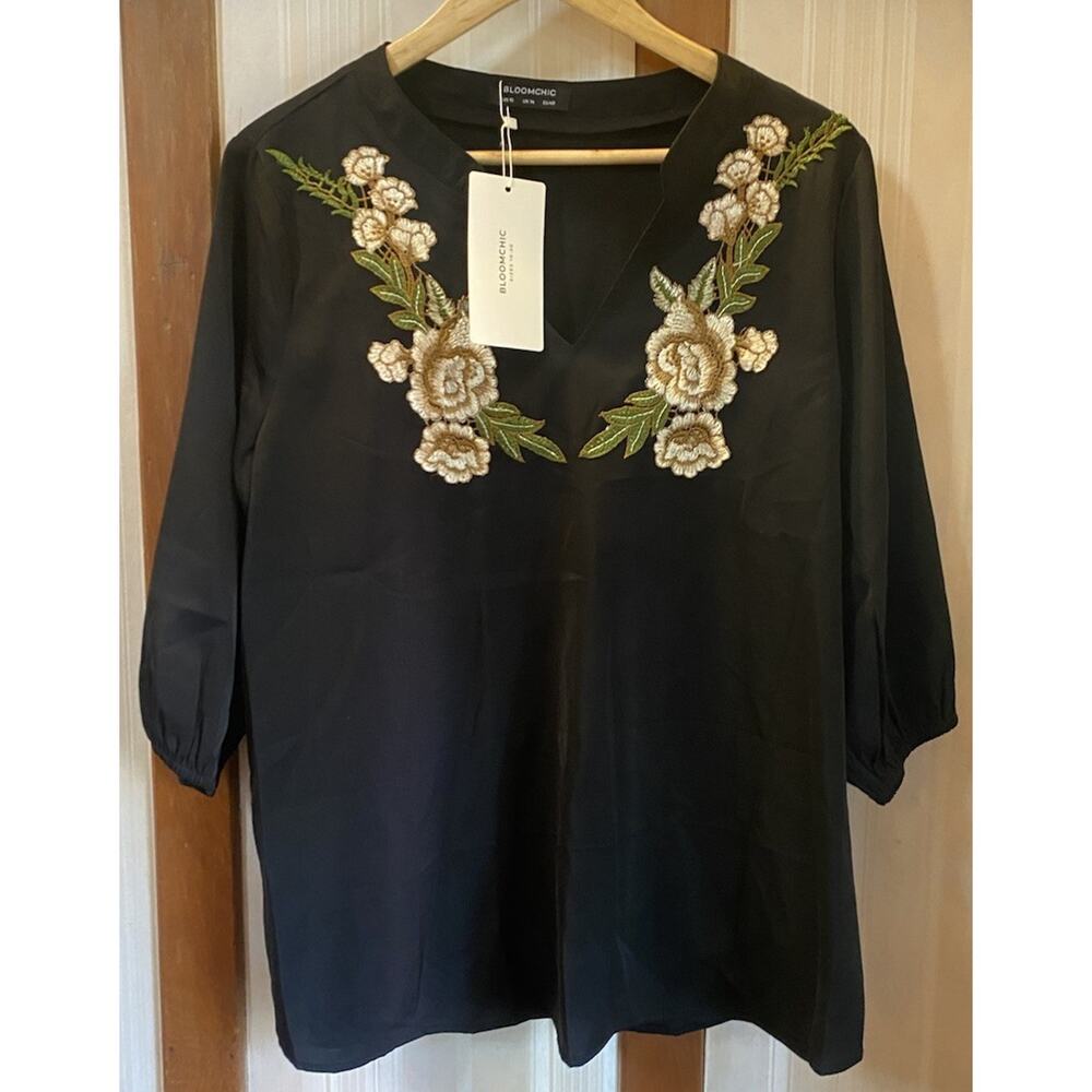 NWT Embroidered Tunic Top Women’s Shirt 10 Black Bloomchick